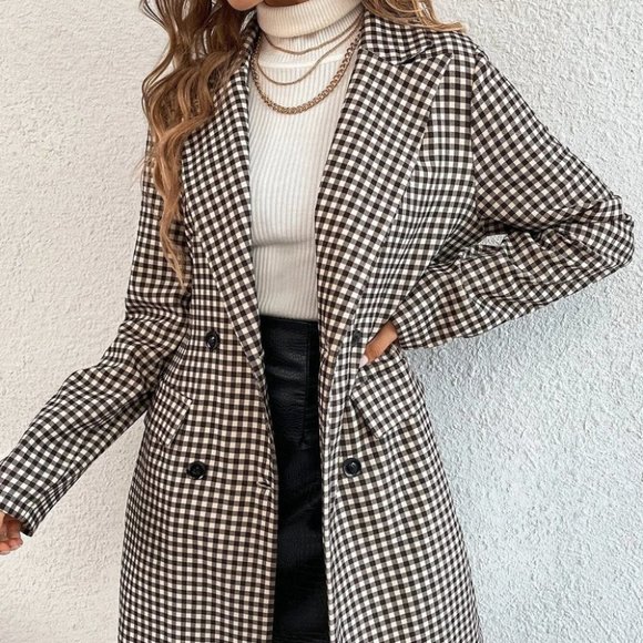 BLACK GINGHAM PRINT BLAZER CHIC CLASSY BUSINESS CASUAL STREETWEAR - Picture 5 of 6